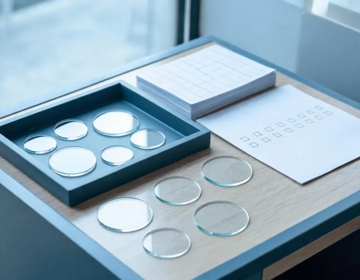 Unlabeled mineral glass lens blanks beside an index and coating checklist