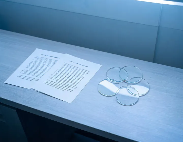 Eye glass lenses samples beside comparable quote sheets